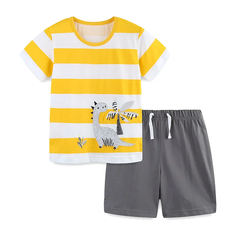 

TUONXYE Summer Boys Short Sleeve T-shirt Shorts Stripes Cartoon Dinosaur Embroidered Cotton Breathable Children's Two-piece Sets