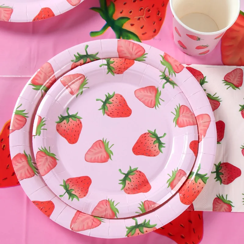 1set Strawberry Paper Banner Plate Cup Tablecloth Candy Bag For Kids 1st Summer Strawberry Birthday Party Decoration Supplies