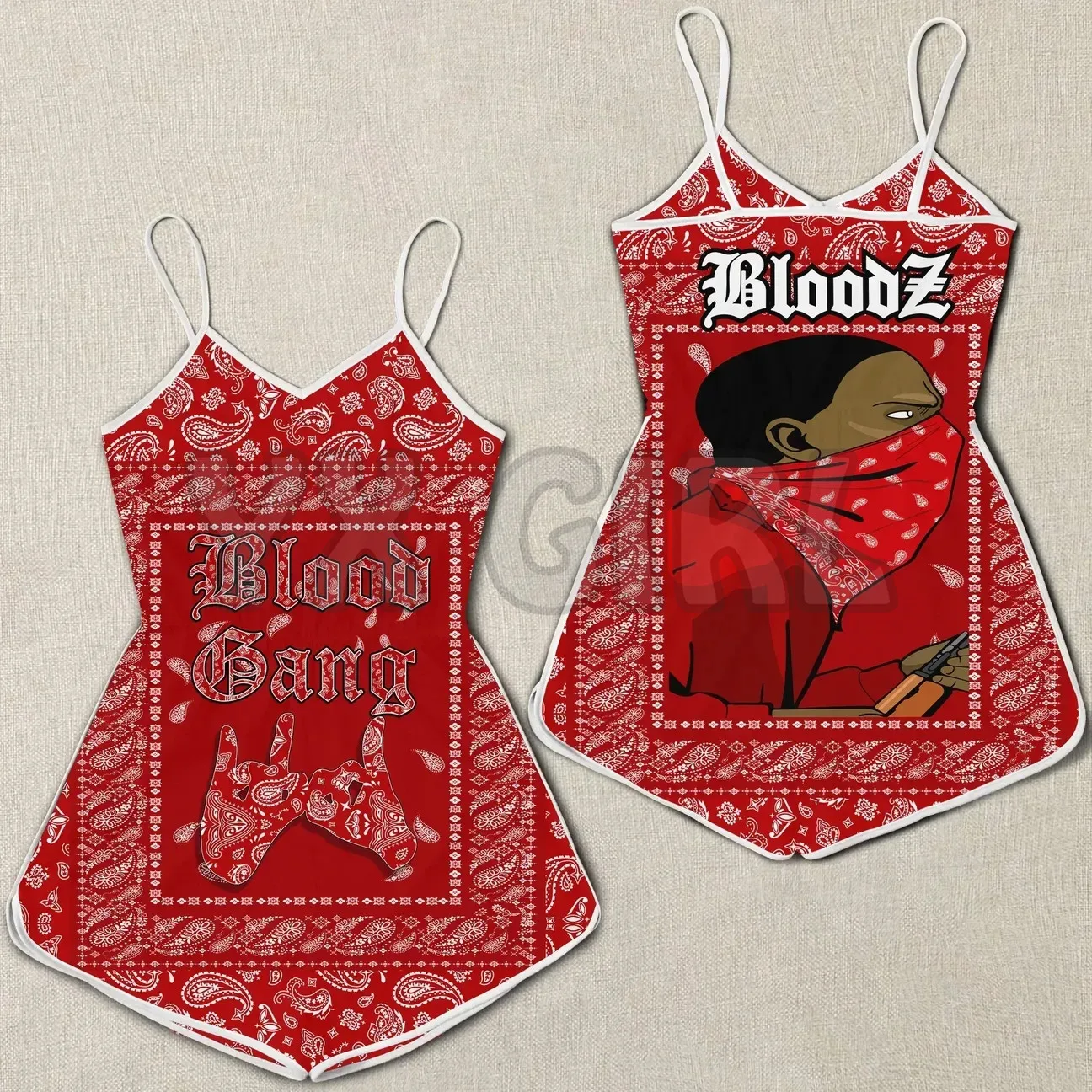 YX GIRL Crips Girl Romper Wanita Bandana Biru Romper Cetak 3D Seluruh Bagian Pakaian Bohemia Wanita Musim Panas