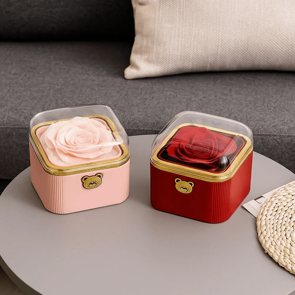 

Fashion Cute Flip Necklace Box Dustproof Automatic Surprise Jewelry Storage Box Romantic Plastic Rotating Rose Box Mother's Day