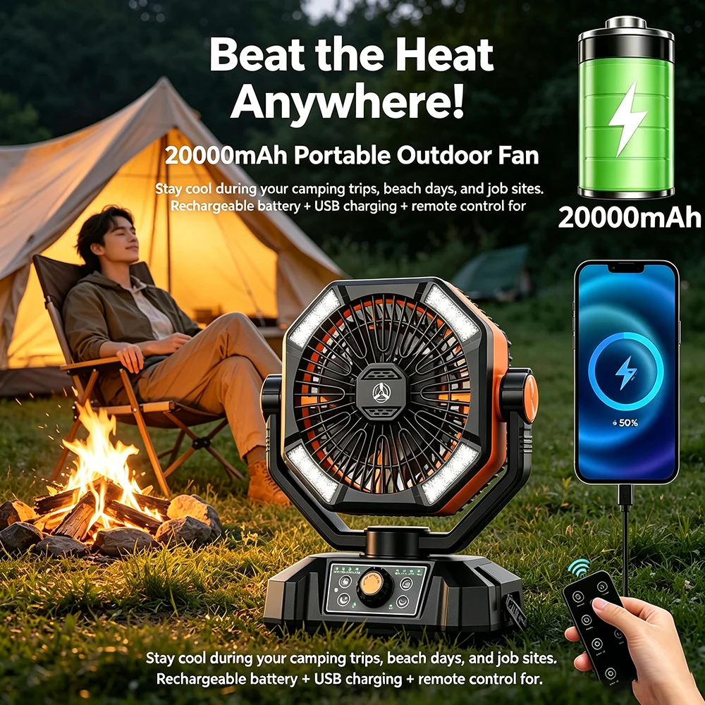 

Skytoo 20000mAh Portable Camping Fan with LED Lantern Rechargeable Battery Operated 8 Speed Adjustable Oscillating with Remote Hook Outdoor Fan for Tent Fishing Picnic Travel Jobsite