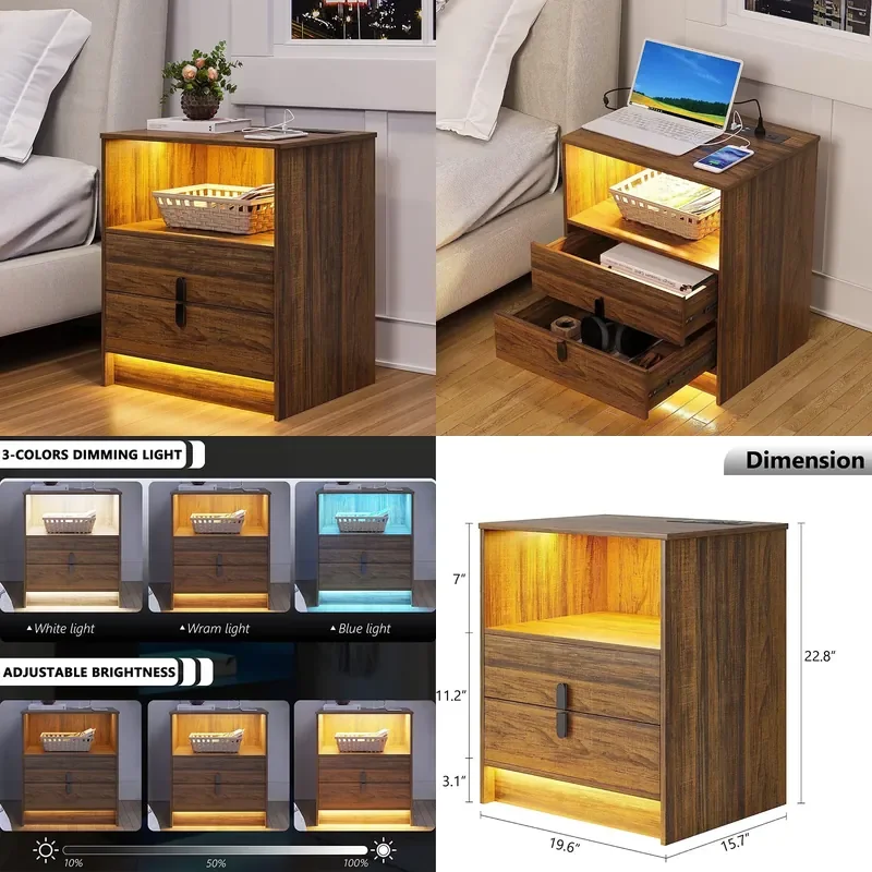 Modern LED Nightstand with USB Ports Power Outlet 3 Color Light Smart Side Table Drawer Storage for Bedroom Living Room