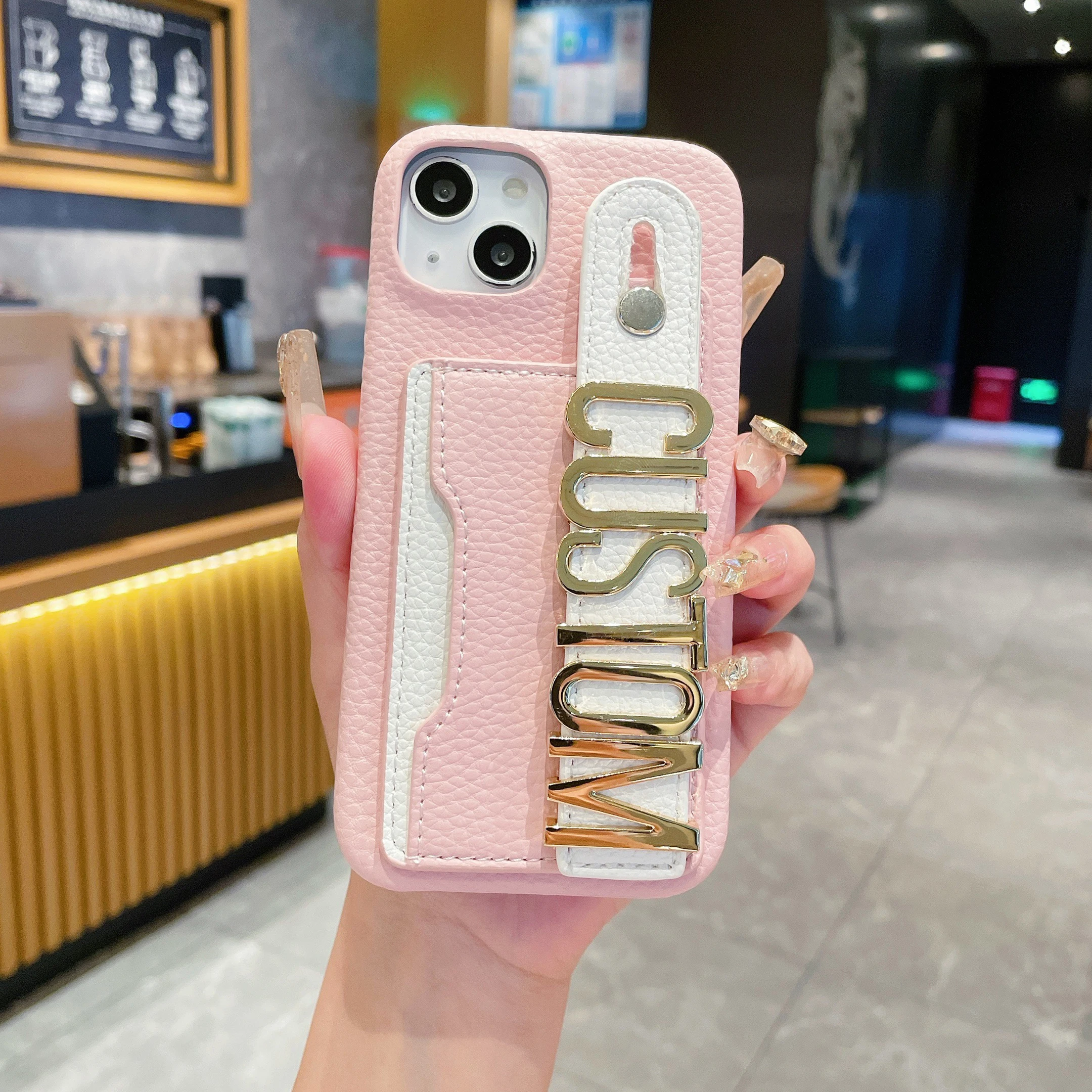 Gold Letters Customized Name Leather Phone Case for iPhone16 15 14Pro Max 16plus 13 12 11 XS XR Wristband CardHolder Cover