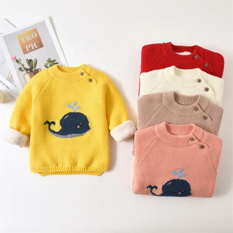 Warm Children's Sweaters Baby Boys Girls Kid Winter Clothing Infant Cartoon Whale Design Pullovers Toddler O-neck Velvet Sweater