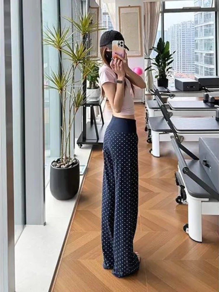 Womens American Style Navy Polka Dot Flare Sweatpants 2026 Summer Lazy Feel Casual Joggers Niche