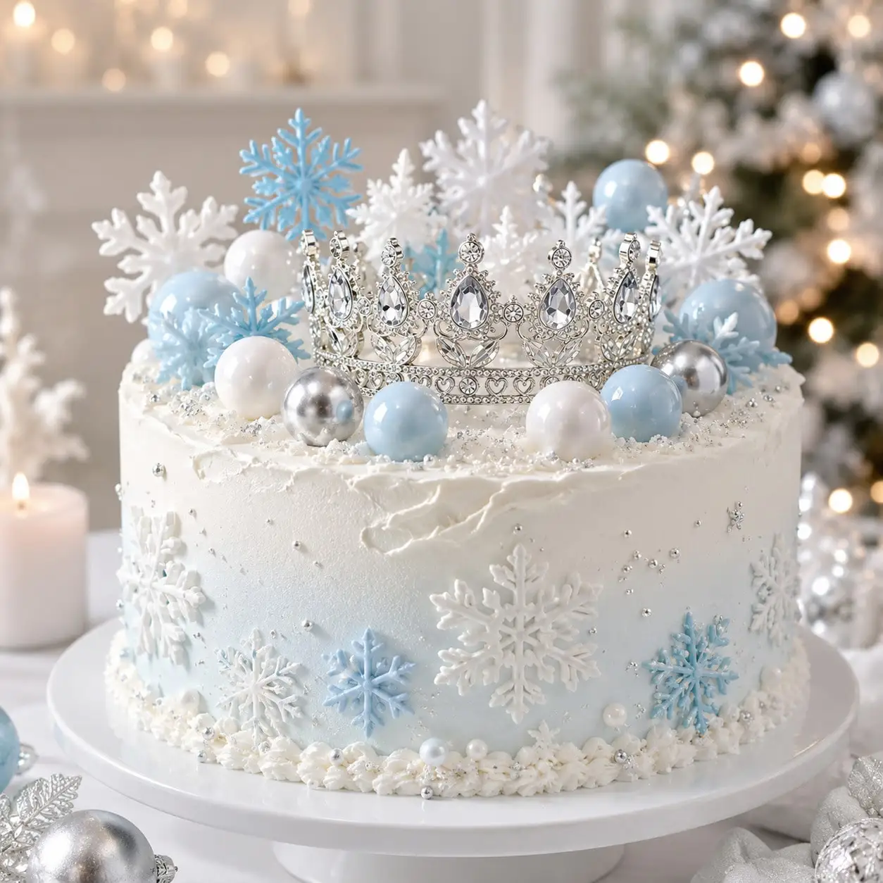 Winter Snowflake Crown Cake Decor Set Blue Silver Ball Cake for Frozen Theme Girls Birthday Party Dessert Cake Decor Supplies view 2