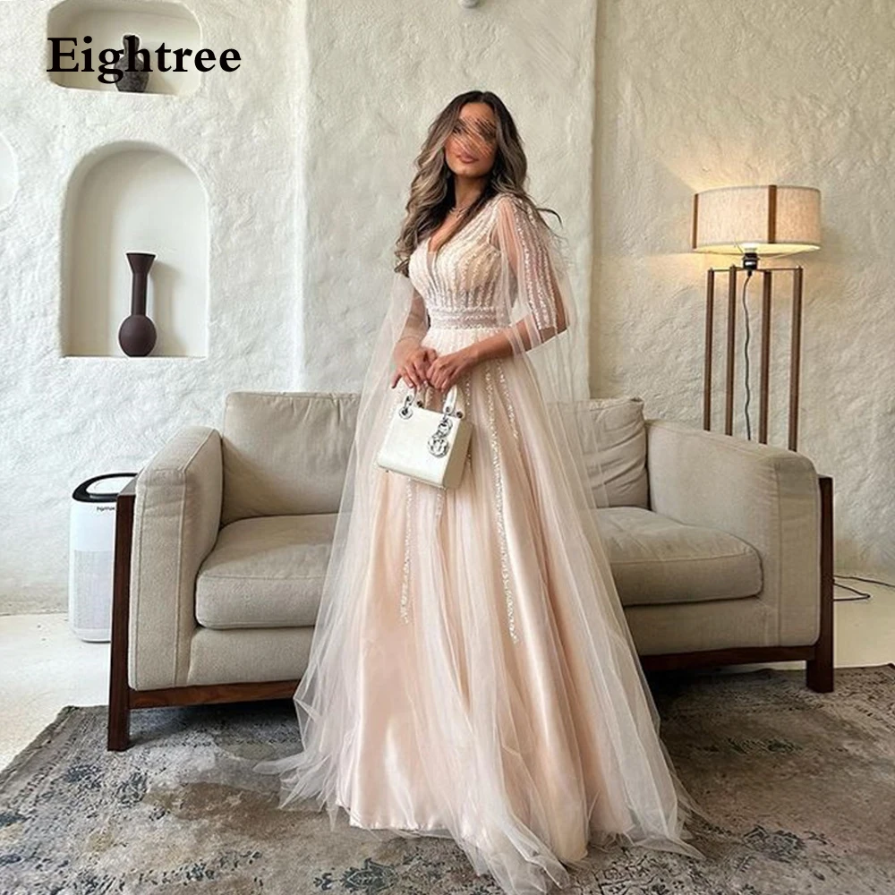 فساتين سهرة من Eightree بلون الشمبانيا من التل على شكل قلب طويل على شكل حرف A Vestidos De Fiesta أنيقة الفقرة Mujer 2023 Abendkleider Dubai