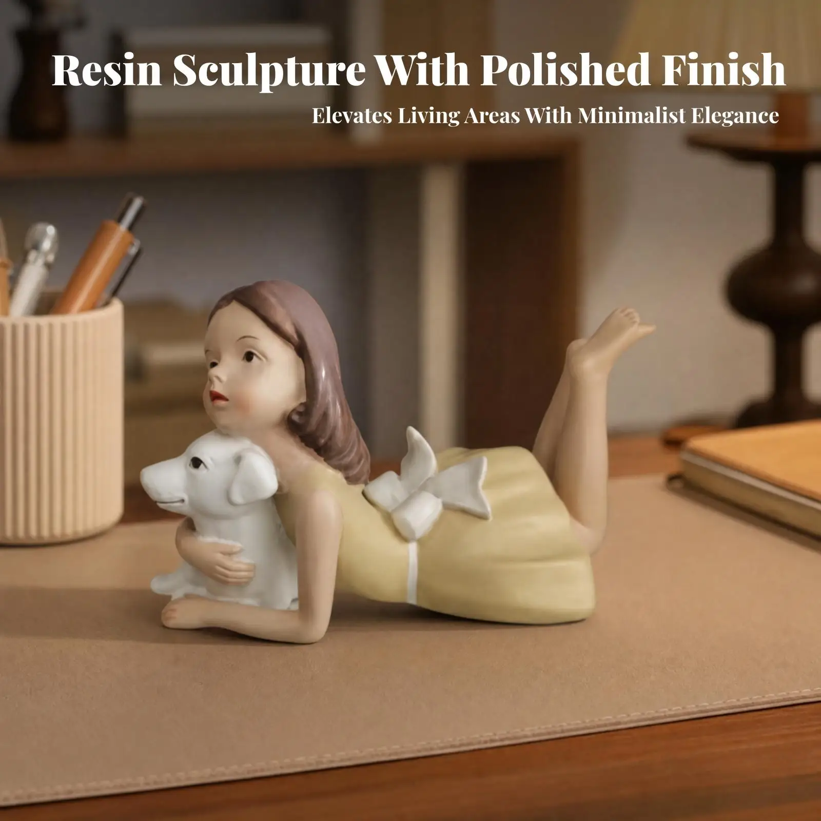 Charming Resin Statue Girl with Puppy Bow Detail for Cabinet Shelf Tabletop Display