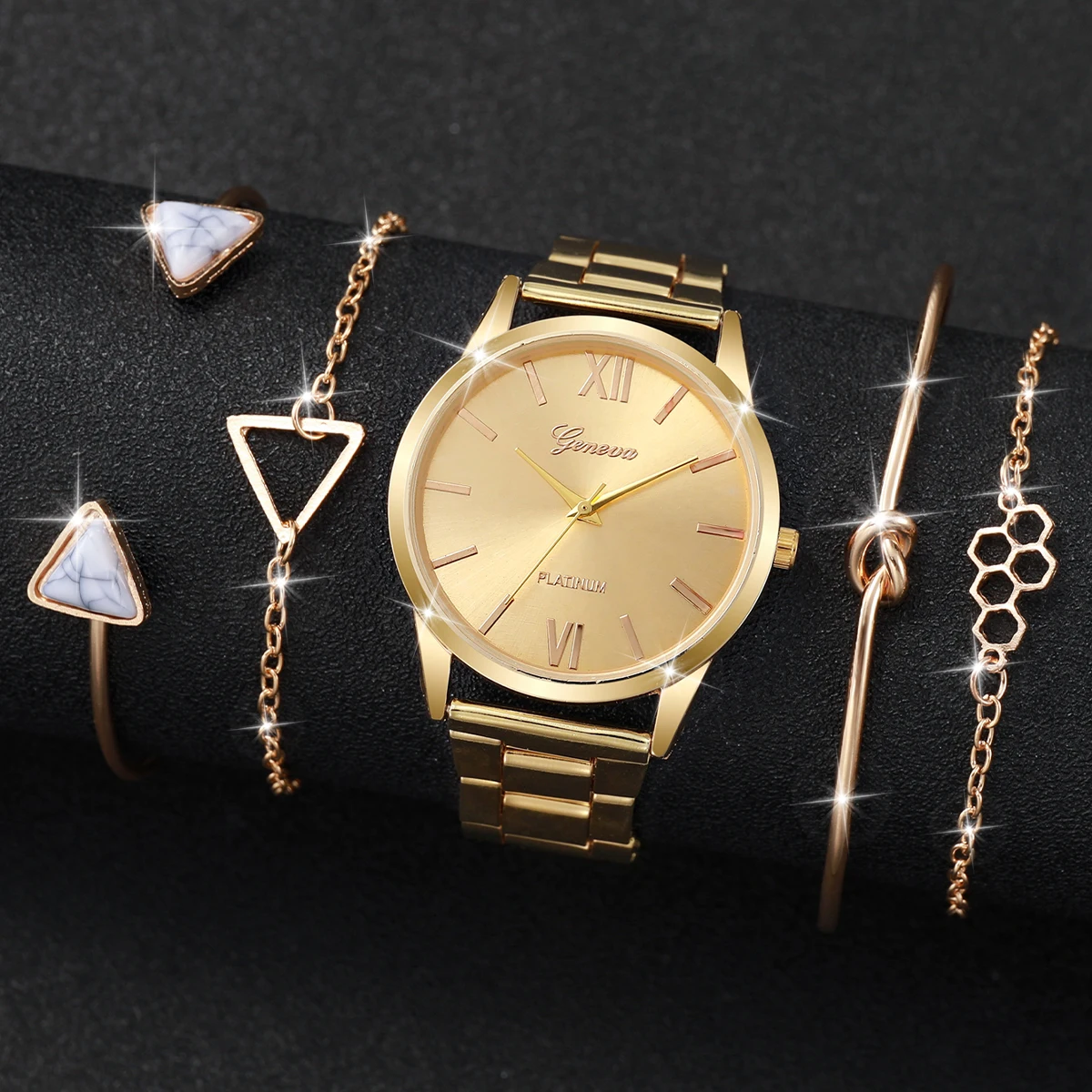 5PCS/Set Fashion Roma Dial Women\'s Watch Gold Steel Band Female Quartz Watches Bracelets Set