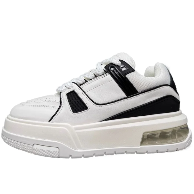 

European/American Panda Color Design Board Shoes for Men's Genuine Leather Thick Soled Height Increasing Shoes White Bread Shoes