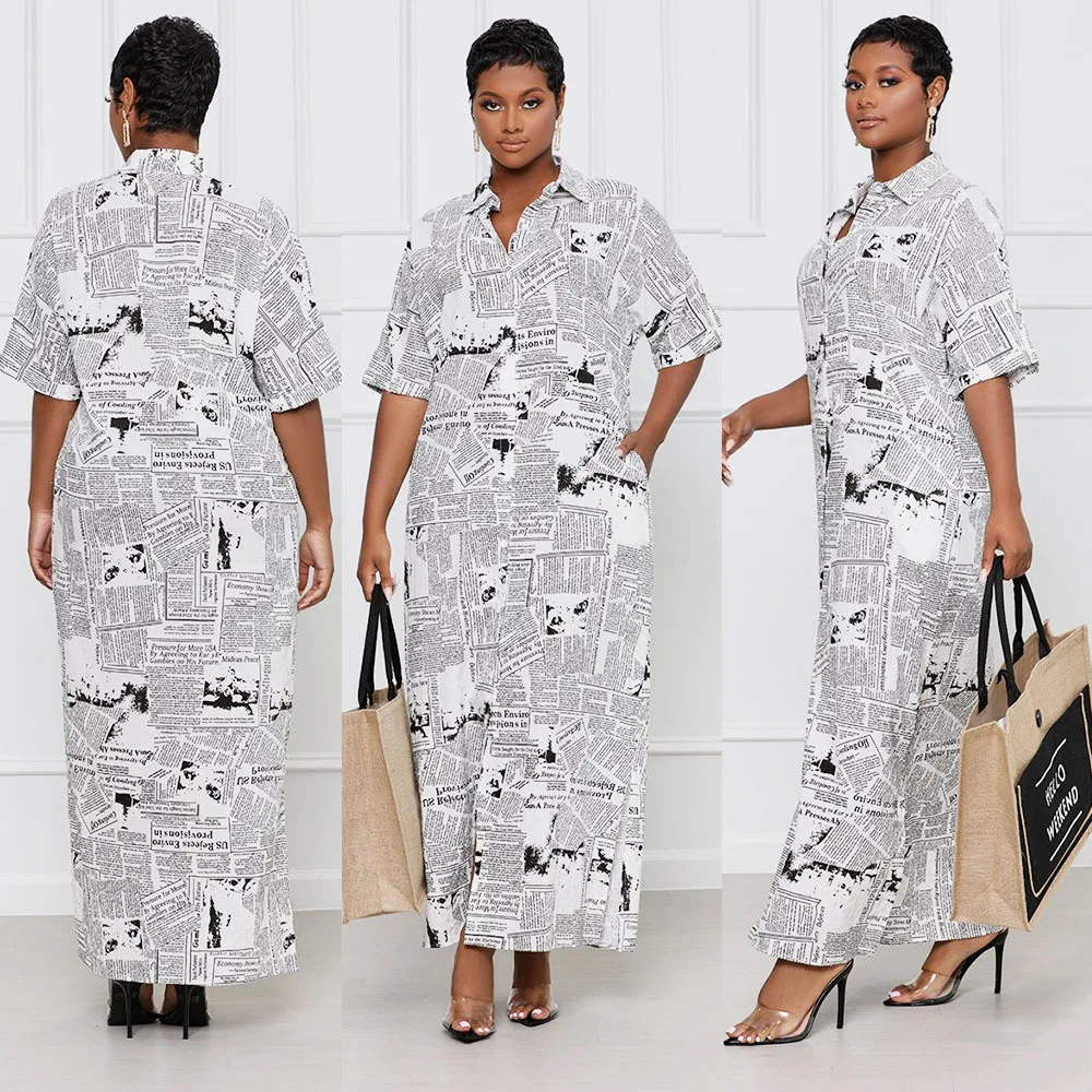 

Fashion casual loose digital printing newspaper dress female slim and thin temperament streetwear new party dresses