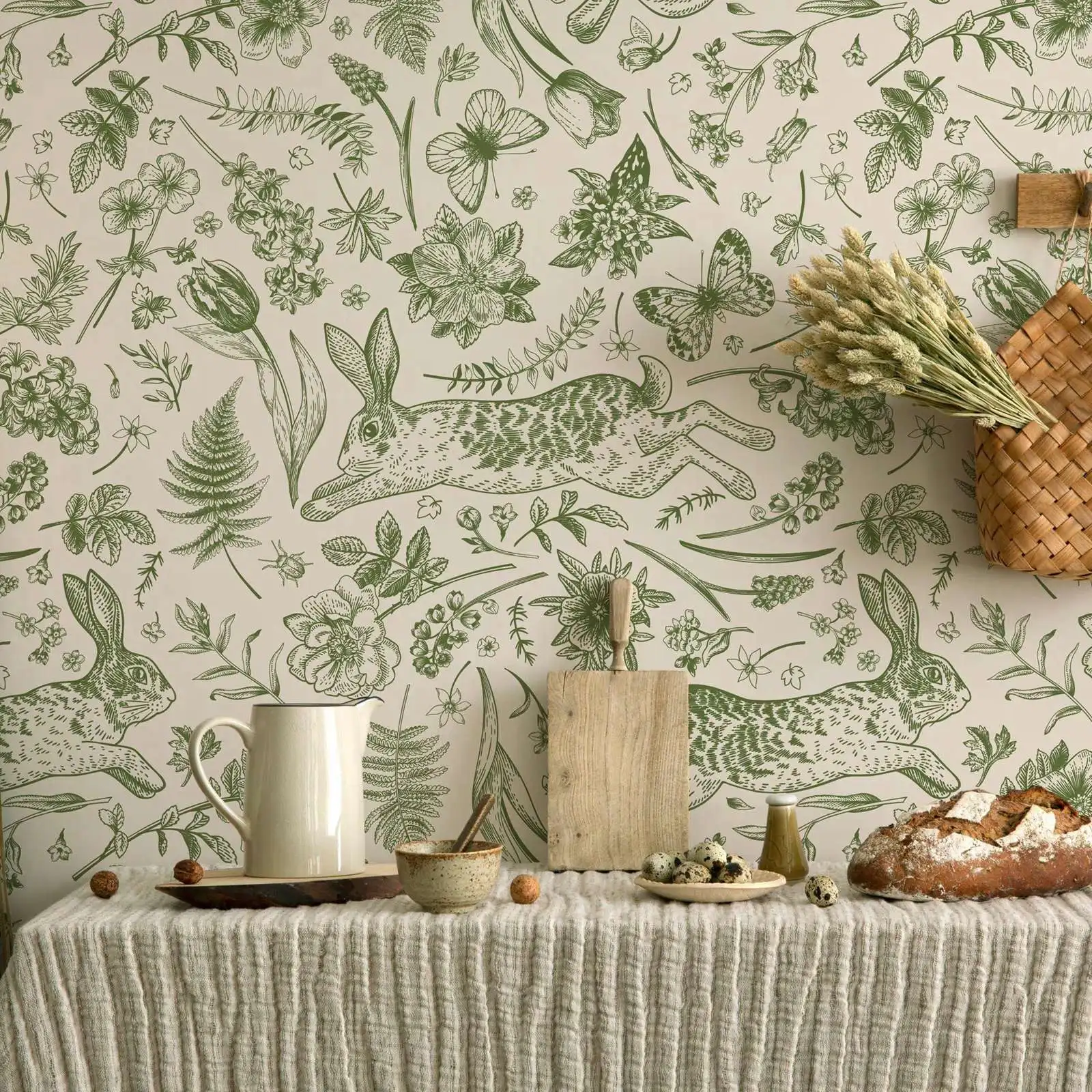 Vintage Botanical Rabbit Wallpaper, Green Forest,Peel and Stick,Self-adhesive & Traditional Wall Covering For Cozy Bedroom Decor