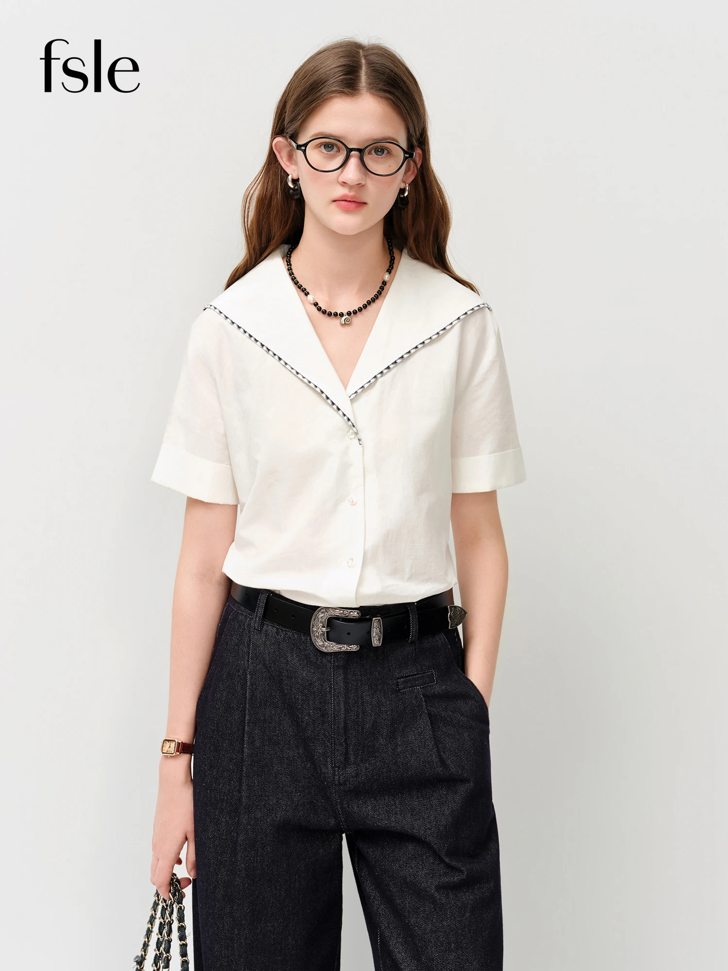 

Летняя женская рубашка FSLE 2026 с матросским воротником и вышивкой в виде ракушек, с коротким рукавом, на пуговицах, в стиле преппи для дерзкого образа