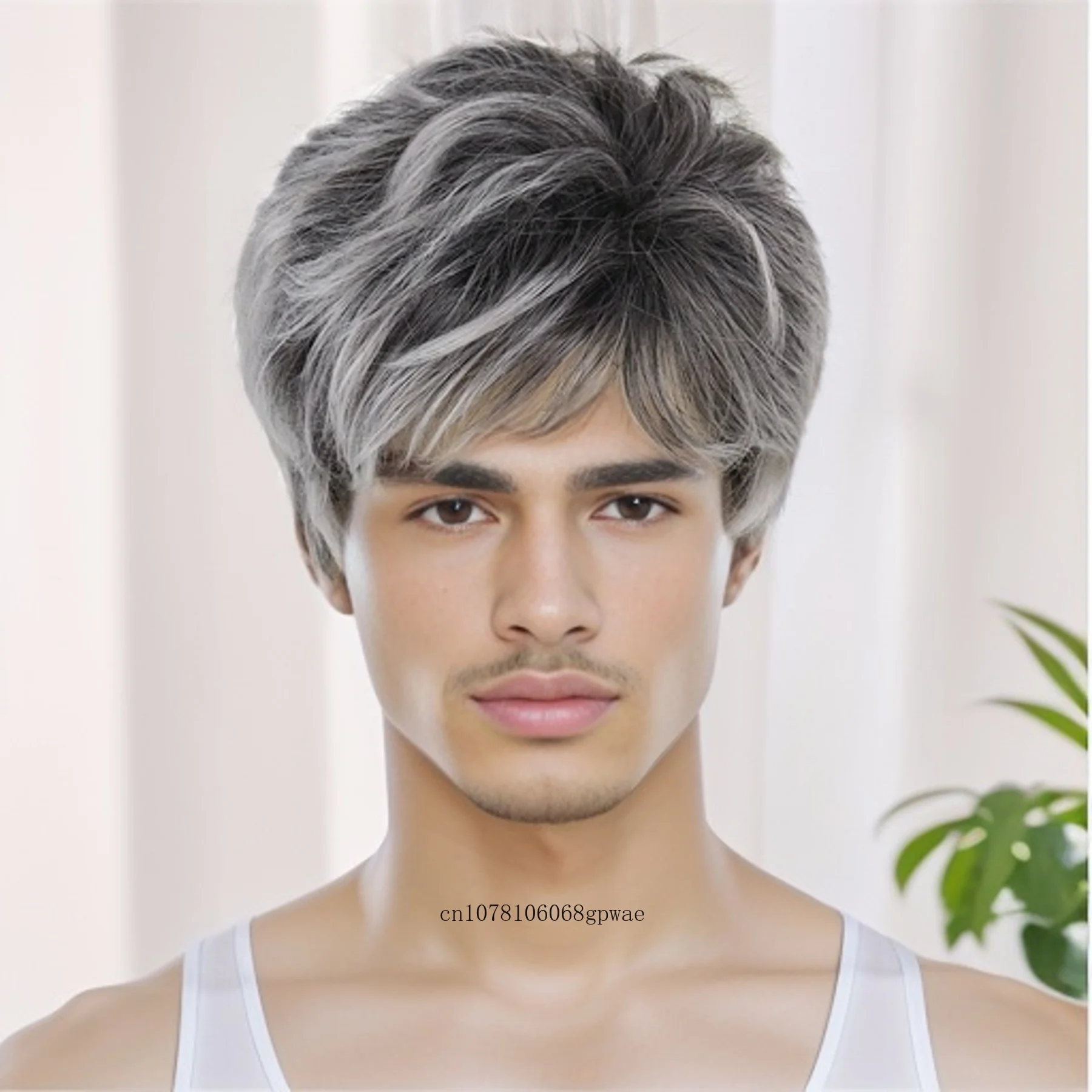 Perruque Synthétique Coupe Pixie Naturelle avec Frange pour Homme, Cheveux Courts Ondulés, Gris Profond, Utilisation pour ixd\'Halloween, Cosplay 03