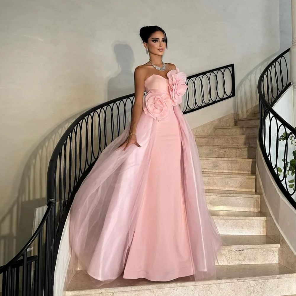 

Msikoods Pink Evening Dresses Strapless 3D Flower Detachable Train Prom Dress Birthday Party Dress Evening Gowns Customized