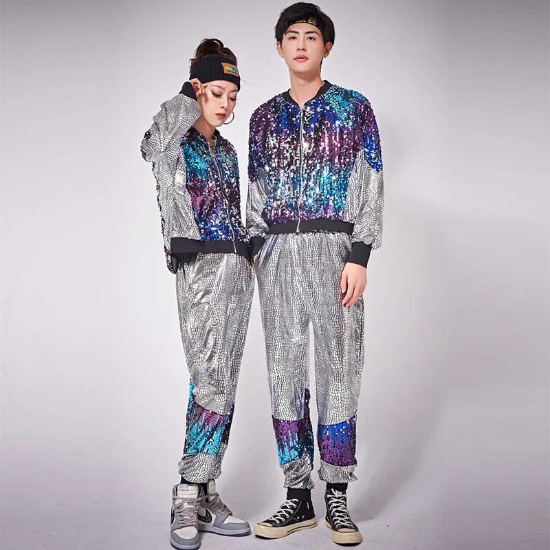 Modern Dance Performance Gradient Sequins Stage Costumes Nightclub Costume Hip Hop Clothing Set Women Man Loose Jazz