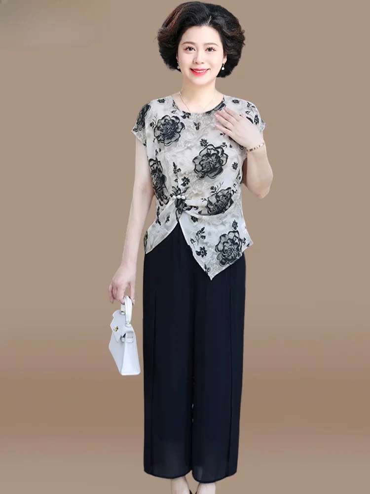 

Летний модный комплект с узором снежинок для молодых мам, футболка с коротким рукавом для женщин среднего возраста, элегантный женский топ из полиэфирного волокна