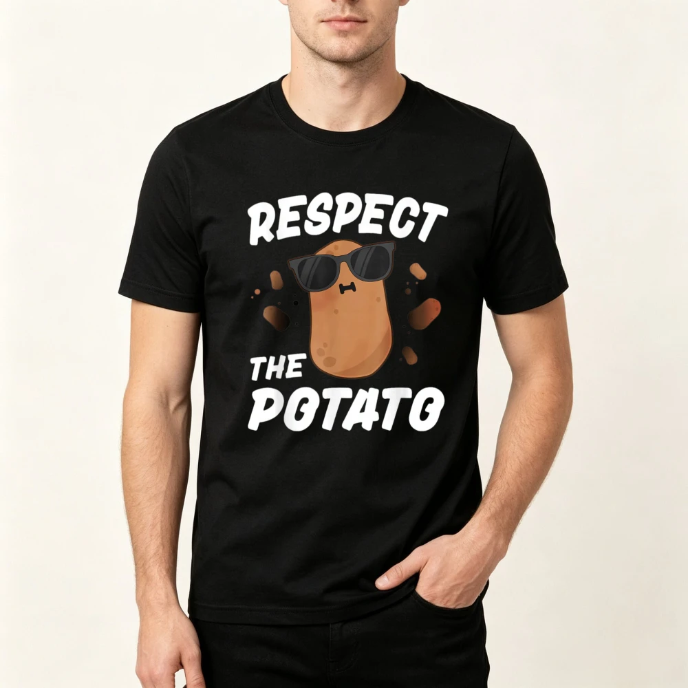 Respect The Potato Funny Vegetable Graphic Printed Cartoon T-Shirt Casual Fashion Short Sleeve Summer Comfort Man Women Tees