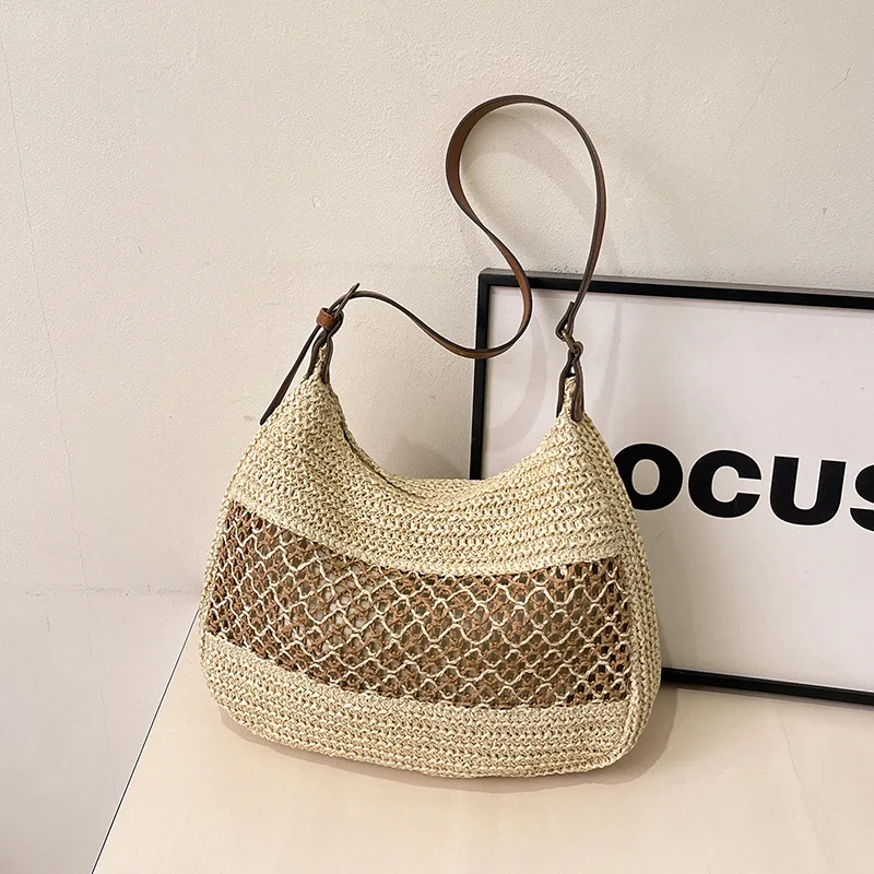 

Women's Large Capacity Handmade Crochet Straw Woven Shoulder Bag Beach Handbag Hollow out Underarm Knitting Bag