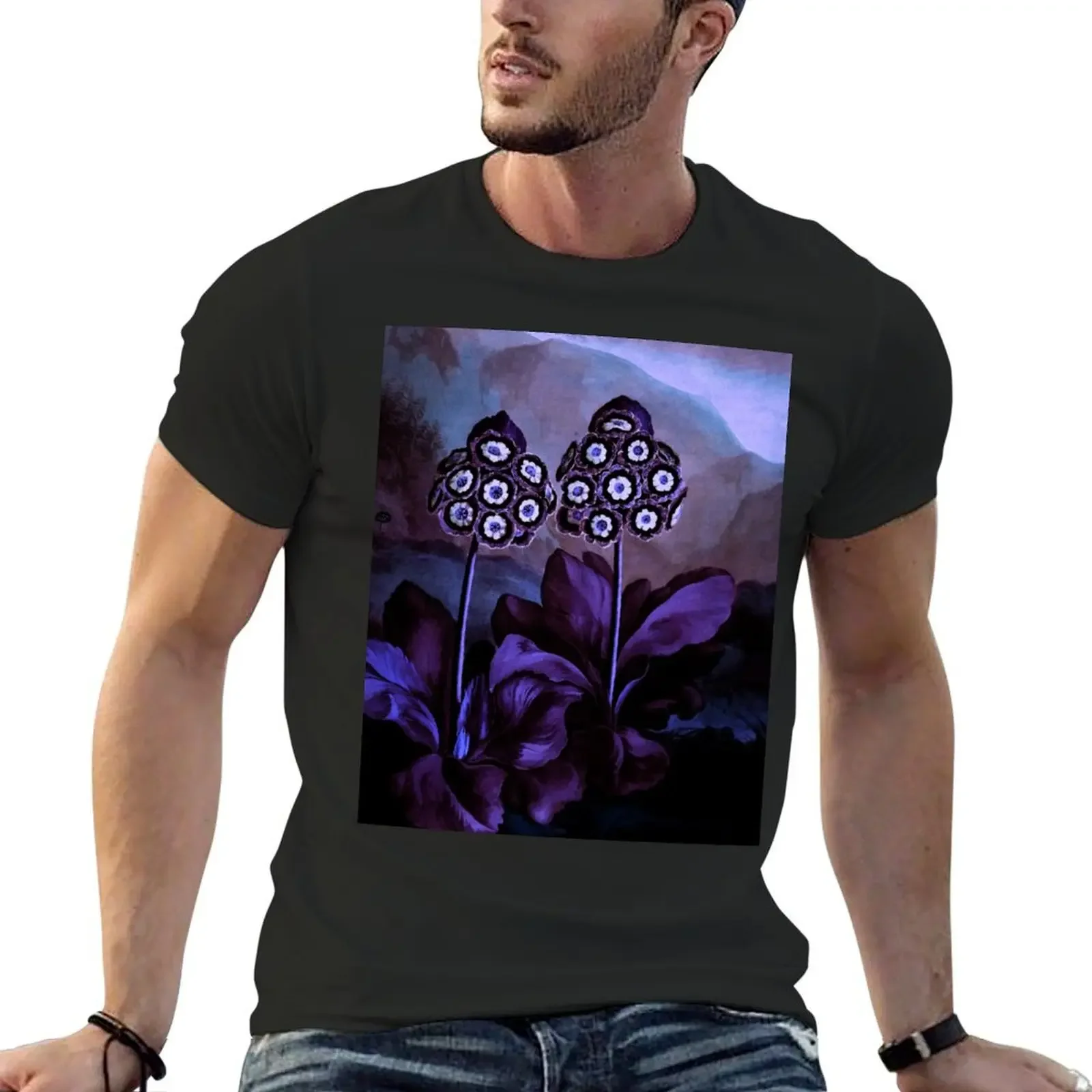 Deep Purple Blue Auriculas : Temple of Flora T-Shirt baggy shirts vintage graphic tee heavyweight t shirts for men