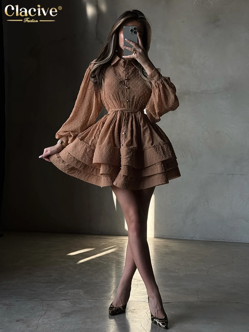 Clacive Fashion Loose Gray Women's Dress 2025 Casual Lapel Long Sleeve Mini Dresses Elegant Classic Lace-Up Pleated Female Dress