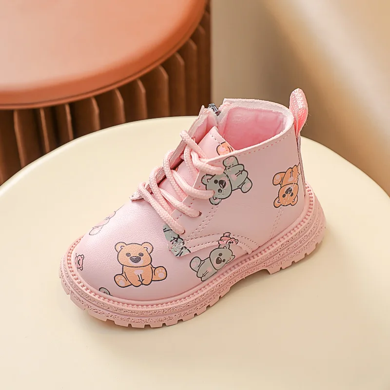 Botines Girl Boot Cute Cartoon Bear Kid Cotton Boot Autumn Winter New Soft Sole Non-slip Casual Shoe Princess Leather Ankle Boot