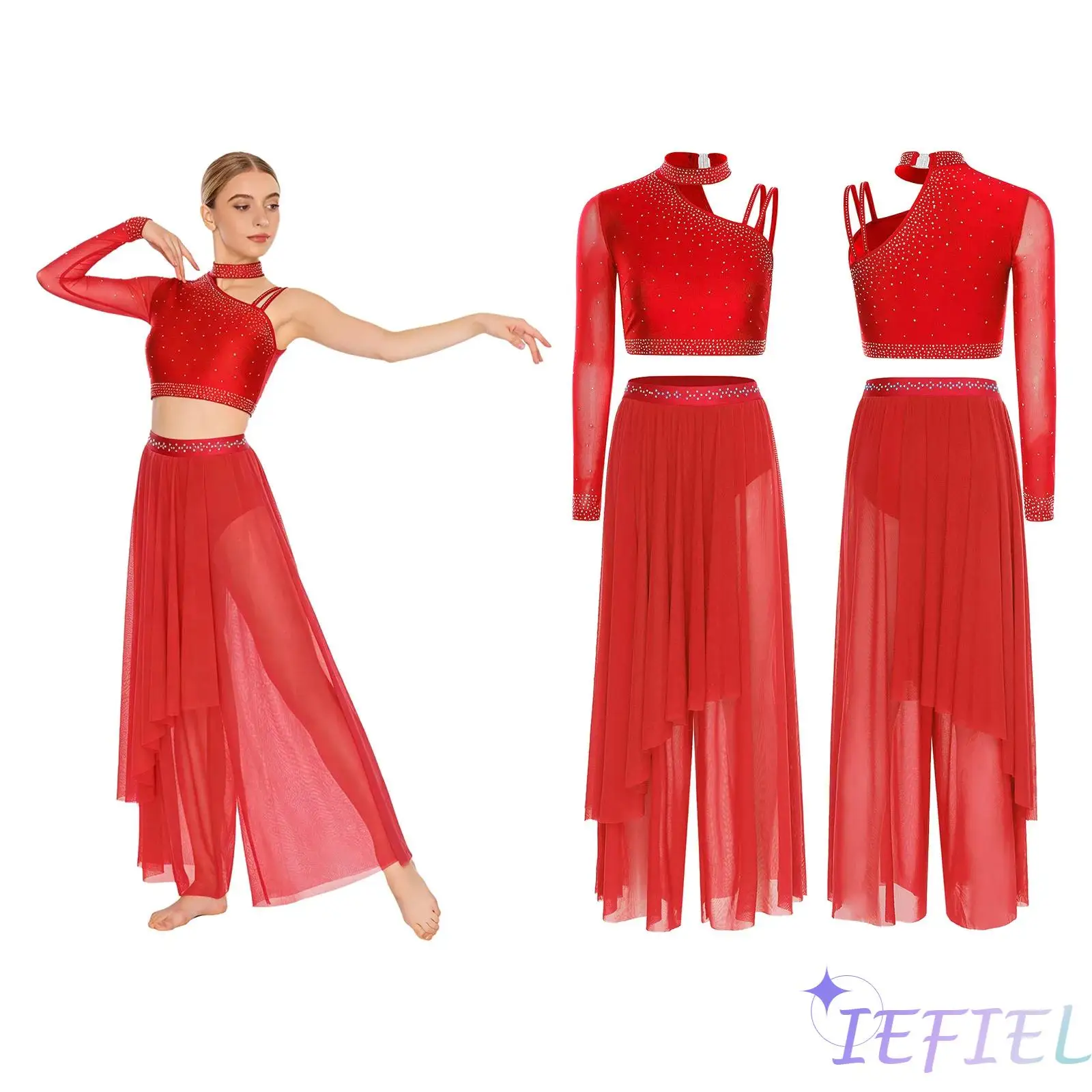 

2Pcs/Set Elegant Womens Modern Contemporary Dance Wear Single Long Sleeve Rhinestone Crop Tops with Pants Lyrical Dance Clothing