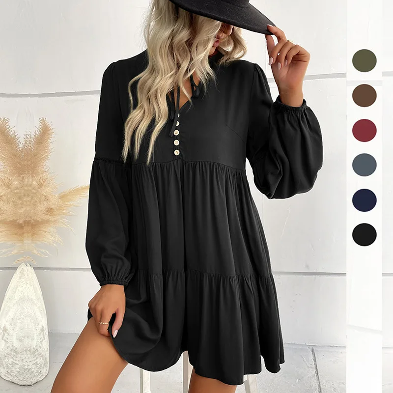 2026 New Women's Summer Skirt Long Sleeved Solid Color Patchwork Dress