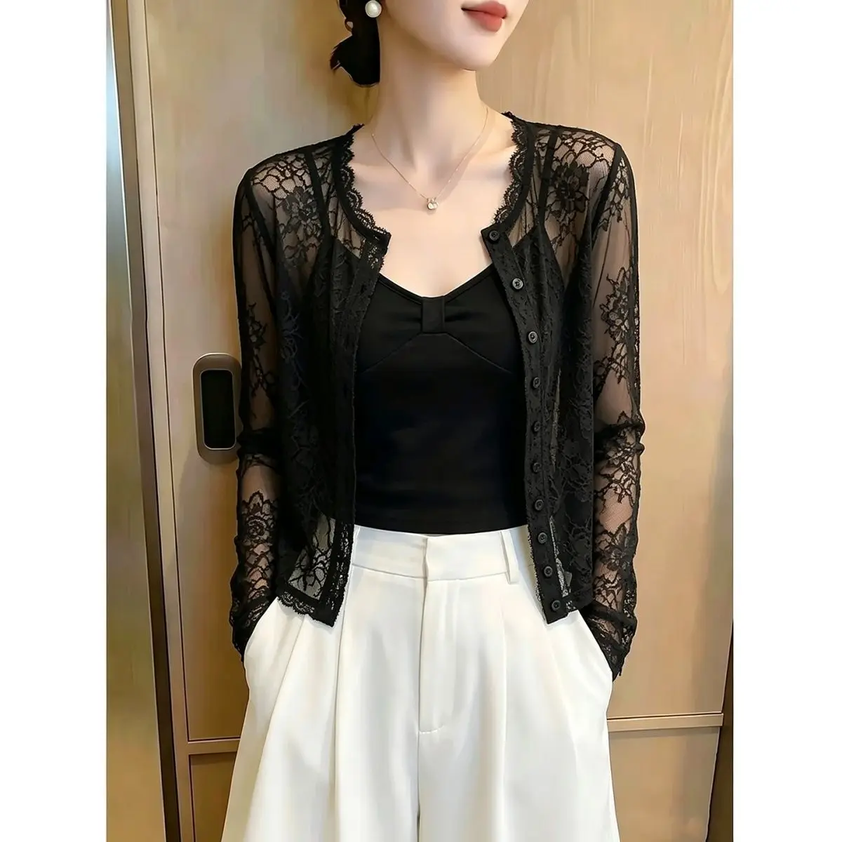Black Lace Base Shirt Women's Long Sleeve Lightweight See-through Large Size Top Spring Autumn New Style Popular Trend