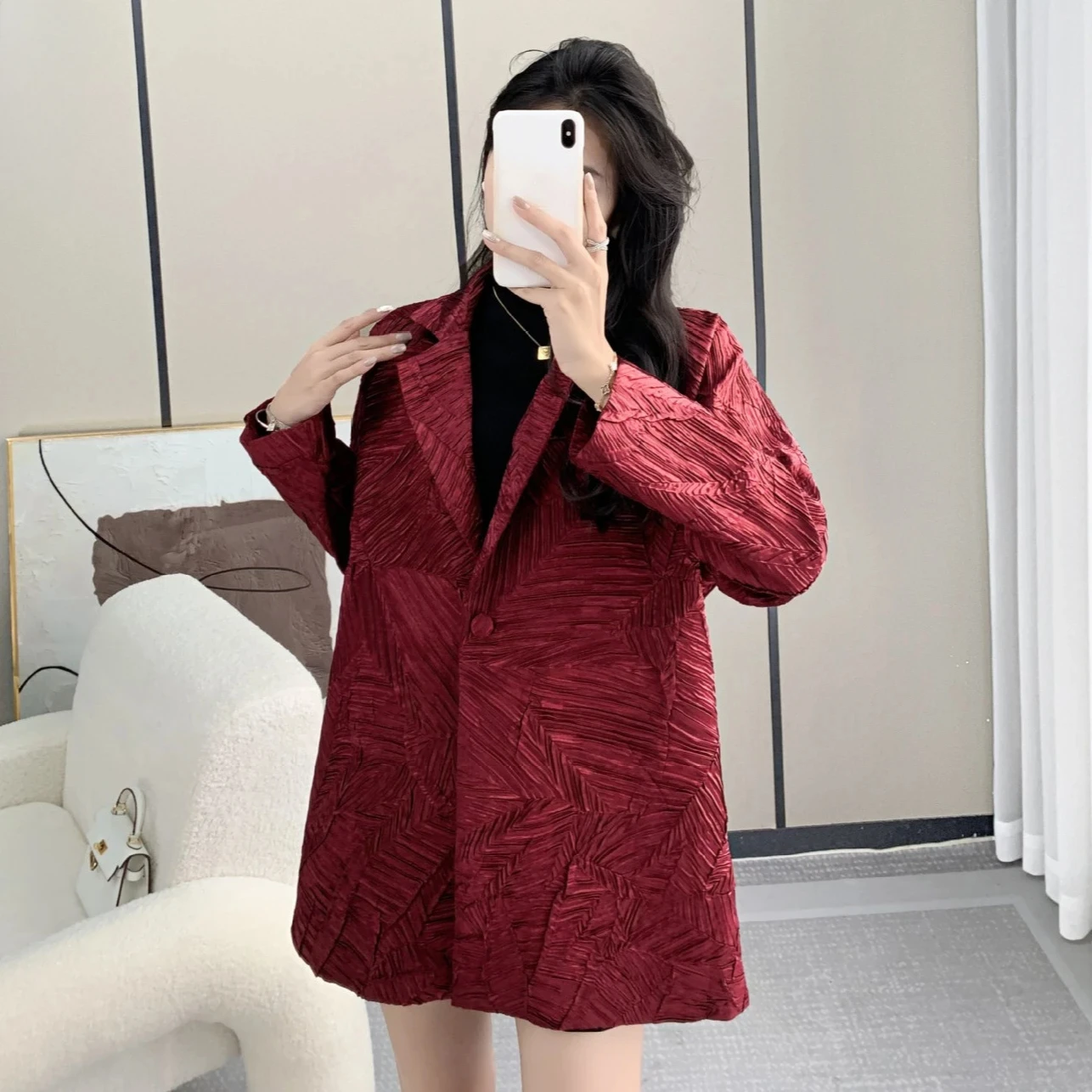 Pleated Suit Models Jacquard Temperament Versatile Women's Tops Spring Fall New Celebrity Style French Fashion Commuter Jacket