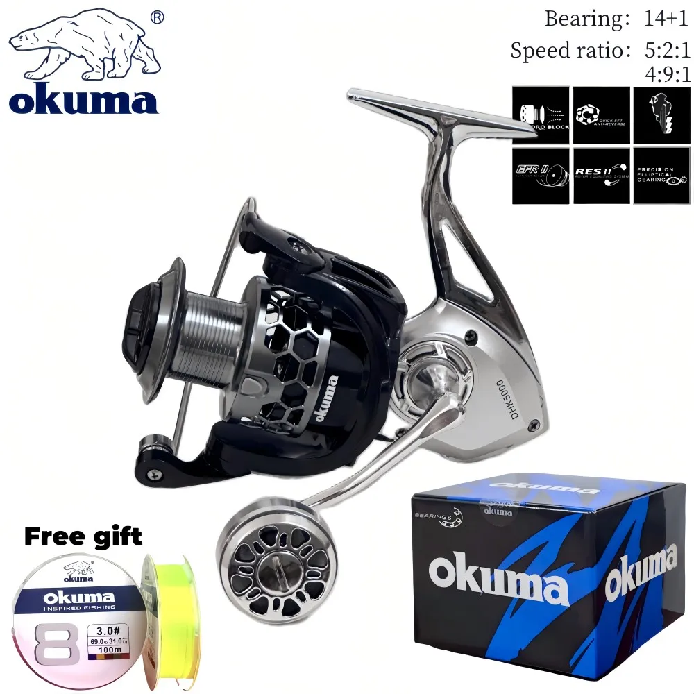 

OKUMA Spinning reel DHK All metal High Performance Fishing Reel,18KG MaxDrag,14+1Bearing,5.2:1/4.9:1Gear Ratio,Gift fishing line