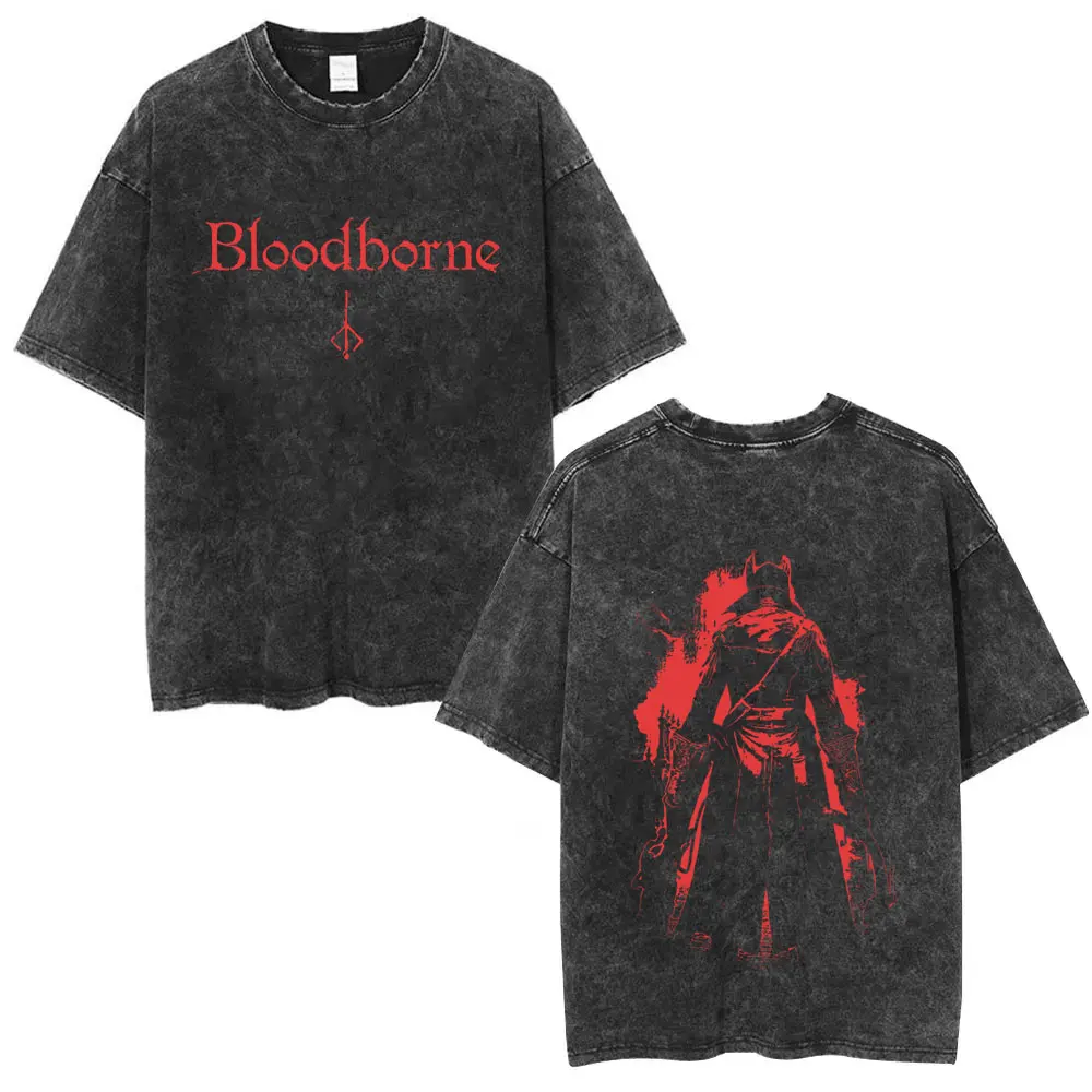 Washed Vintage Game Bloodborne Logo Print T-shirt Horror Hunter Merch T-shirts Men Women Casual Oversized T Shirts Streetwear view 4
