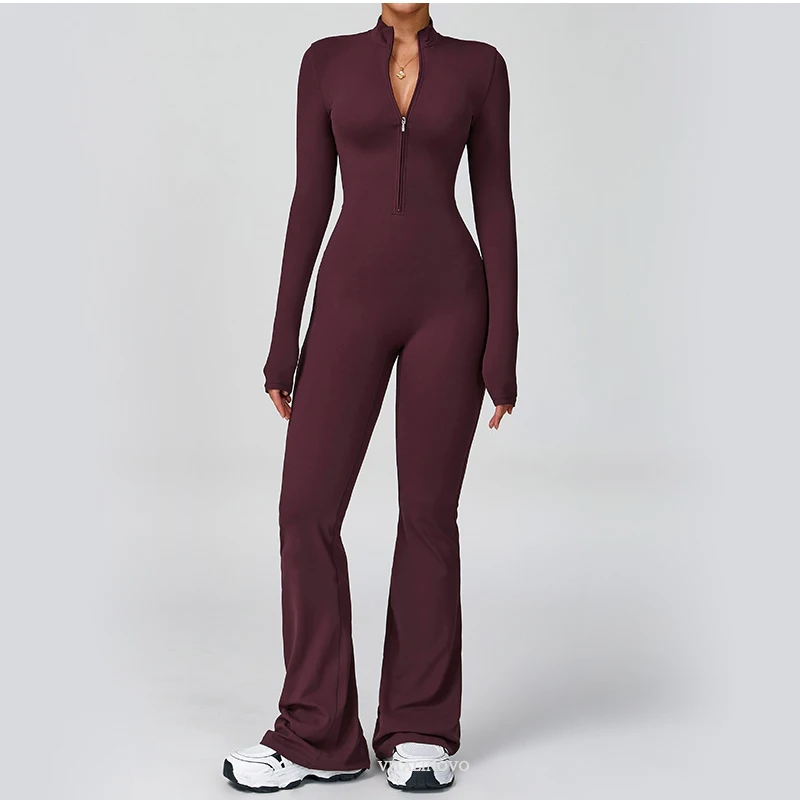 VITALINOVO Damen-Overall mit langen Ärmeln, Flare-Workout-Overall, Reißverschluss, Strampler, Hose, weites Bein, Ganzkörper-Body, figurbetont, einteilig – Detail 16