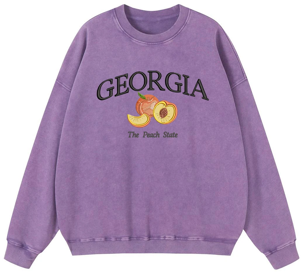 

Georgia The Peach State Womens Vintage Washed Cotton Sweatshirt Casual Loose Pullover Warm Fur-Liner Hoodie Simple