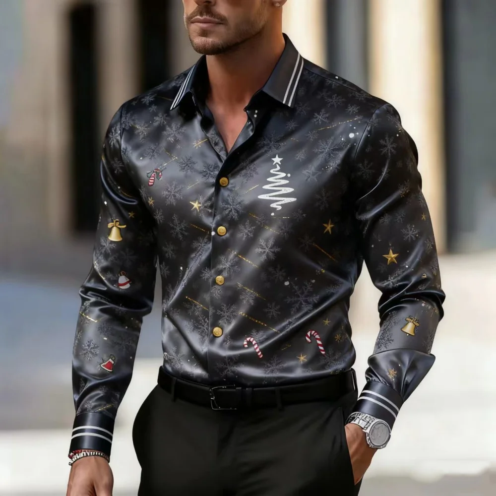 قميص كاجوال رجالي جديد لعيد الميلاد لعام 2025، قميص بياقة بأكمام طويلة، مناسب لحفلات الزفاف والحفلات، عصري وعصري