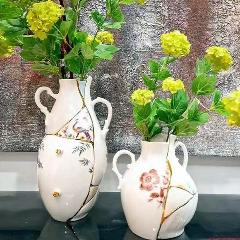 Gold Plated Crack Texture Ceramic Vase Pitcher Vase Set Gold Crack Line Floral Print Double Handle Flower Vase Table Home Decor