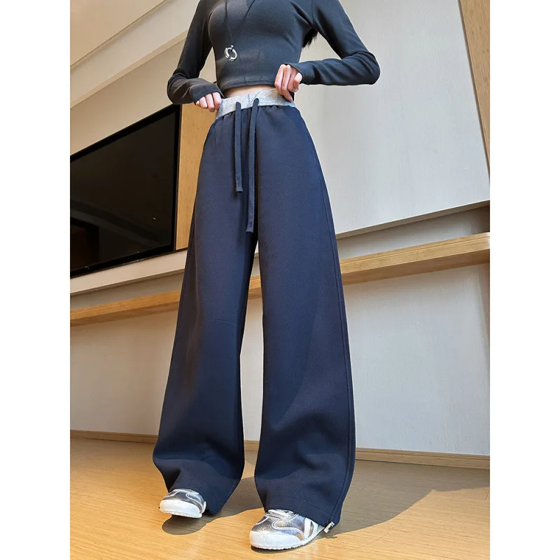 Wide Leg Pants Black Pleated Womens Spring Elastic Fit Youth College Mood City Commute Drawstrings Waistband Breathable Trousers