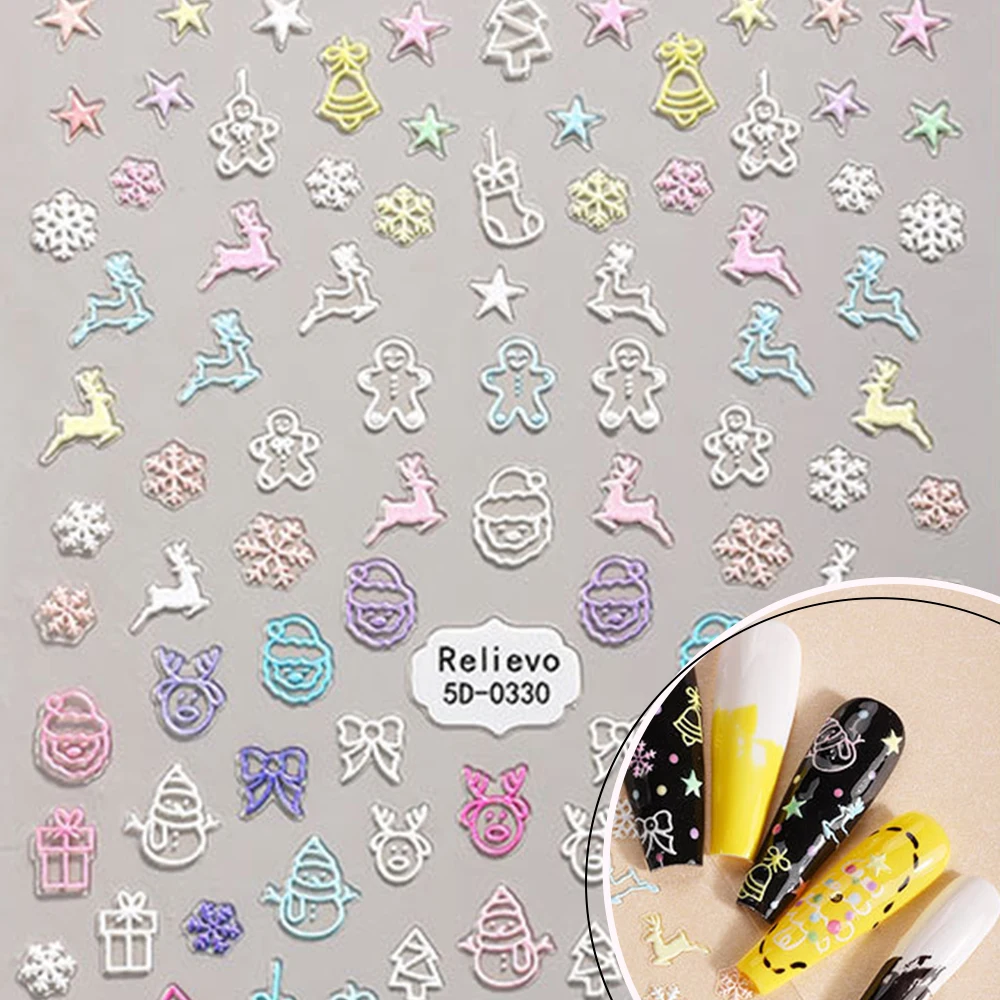 สติกเกอร์ติดเล็บลายนูน 5 มิติ ลายต้นคริสต์มาส เกล็ดหิมะ ตุ๊กตาหิมะ ขนมปังขิง สำหรับตกแต่งเล็บ