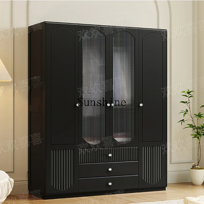 

Black solid wood wardrobe opposite door wardrobe light luxury storage locker