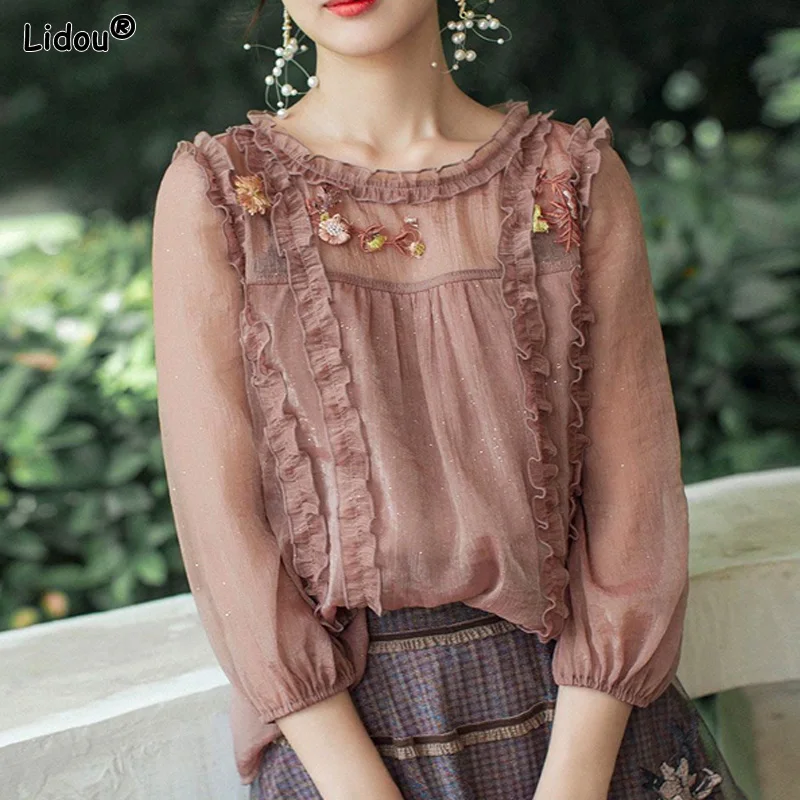 

Casual Shirts Patchwork Round Neck Ruffles Lace Embroidery Hollow Out Pullovers Women's Clothing 2022 Spring Summer Thin Chiffon