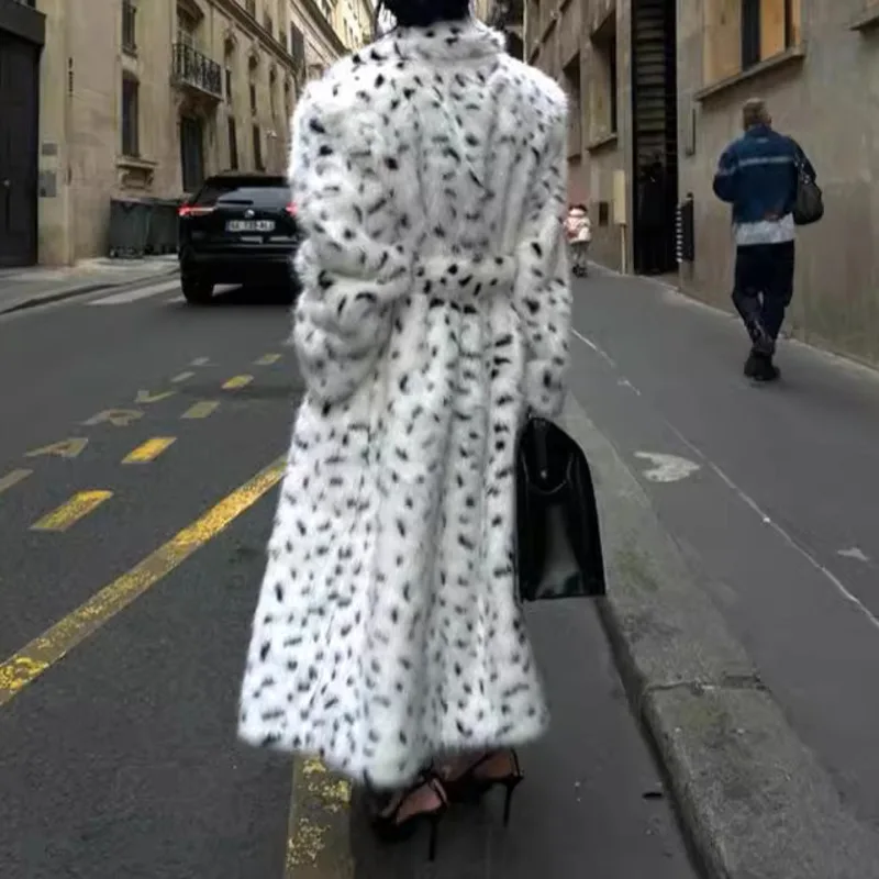 EAEOVNI الشتاء موضة الفراء معطف طويل المرأة ليوبارد نقطة تصميم حزام تجمع الخصر مزاجه سترة ملابس خارجية #2