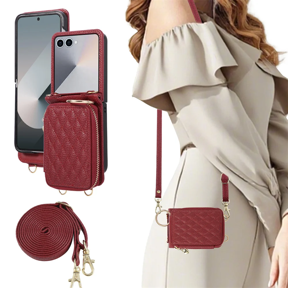 

Чехол для телефона с застежкой-молнией через плечо и держателем для карты Solt для Samsung Galaxy Z Flip 7 6 5 4 3 Flip 7 FE, кожаный чехол-кронштейн для кошелька