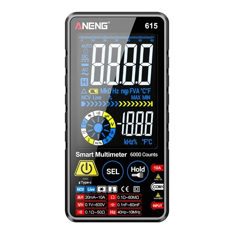 

ANENG 615, цифровой мультиметр с большим экраном, полностью автоматический интеллектуальный универсальный измеритель с защитой от ожогов