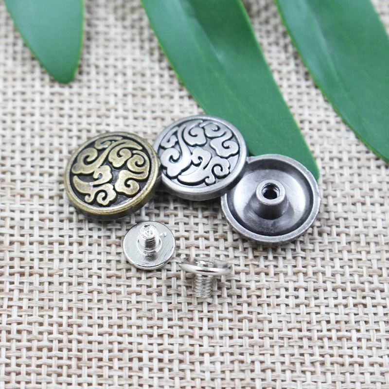 5 Set 15mm DIY Leather Conchos Button Vintage Auspicious Clouds Pattern Carved Screws Rivet Wallet Saddle Decoration Accessories