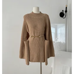 Women Half Turtleneck Sweater Cape Knitted Top with Belt Khaki Royal Blue Fashionable Loose Vintage Wine Versatile Sweater