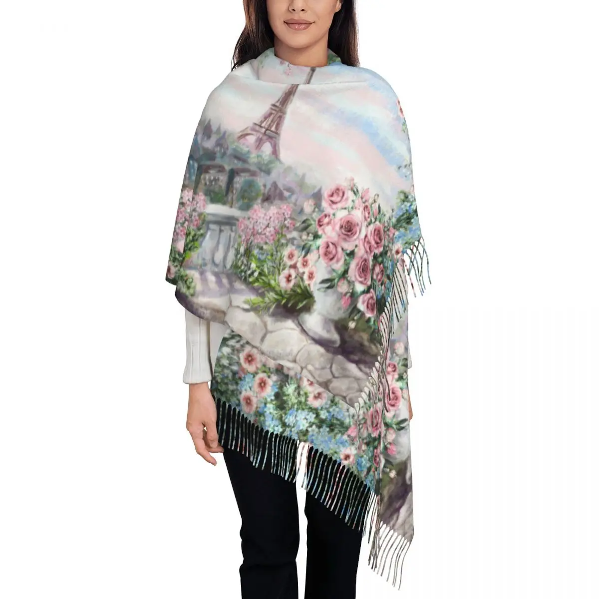 Oil Painting France Paris Eiffel Tower Shawl Wraps Women Warm Large Long Scarf Watercolor Flower Rose Pashmina Tassel Scarves