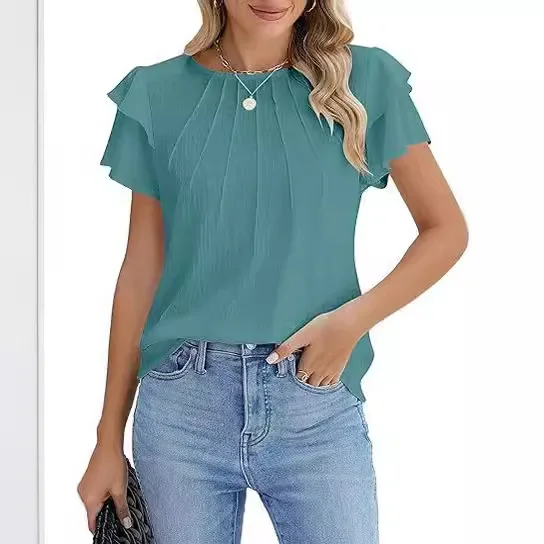 

2025 European and American popular women's formal wear casual summer pleated short-sleeved crew neck top business work shirt