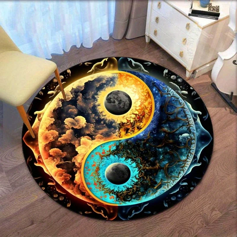 Yin Yang Cosmic Moon Pattern Round Rug Crystal Velvet Floor Mat Spiritual Balance Art Decor Living Room Bedroom Carpet