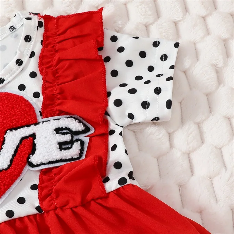 Conjunto de ropa para bebé niña, adorable vestido mameluco con estampado de corazón de manga corta y diadema con lazo a juego, traje bonito para