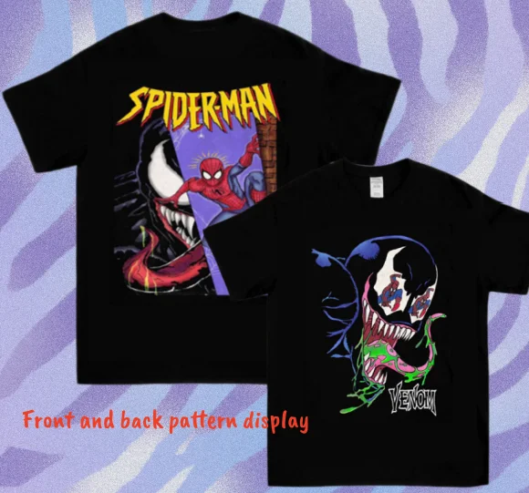 Camiseta de algodón puro de doble cara con diseño creativo de Spider-Man Venom, estilo americano retro oscuro, para adultos, niños, parejas y padres e hijos